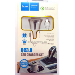 АЗУ HOCO Z31 Адаптер 2USB 3.4A QC3.0 белый набор с кабелем MicroUSB автомобильный
