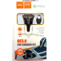 АЗУ HOCO Z31 Адаптер 2USB 3.4A QC3.0 черный набор с кабелем Type-C автомобильный